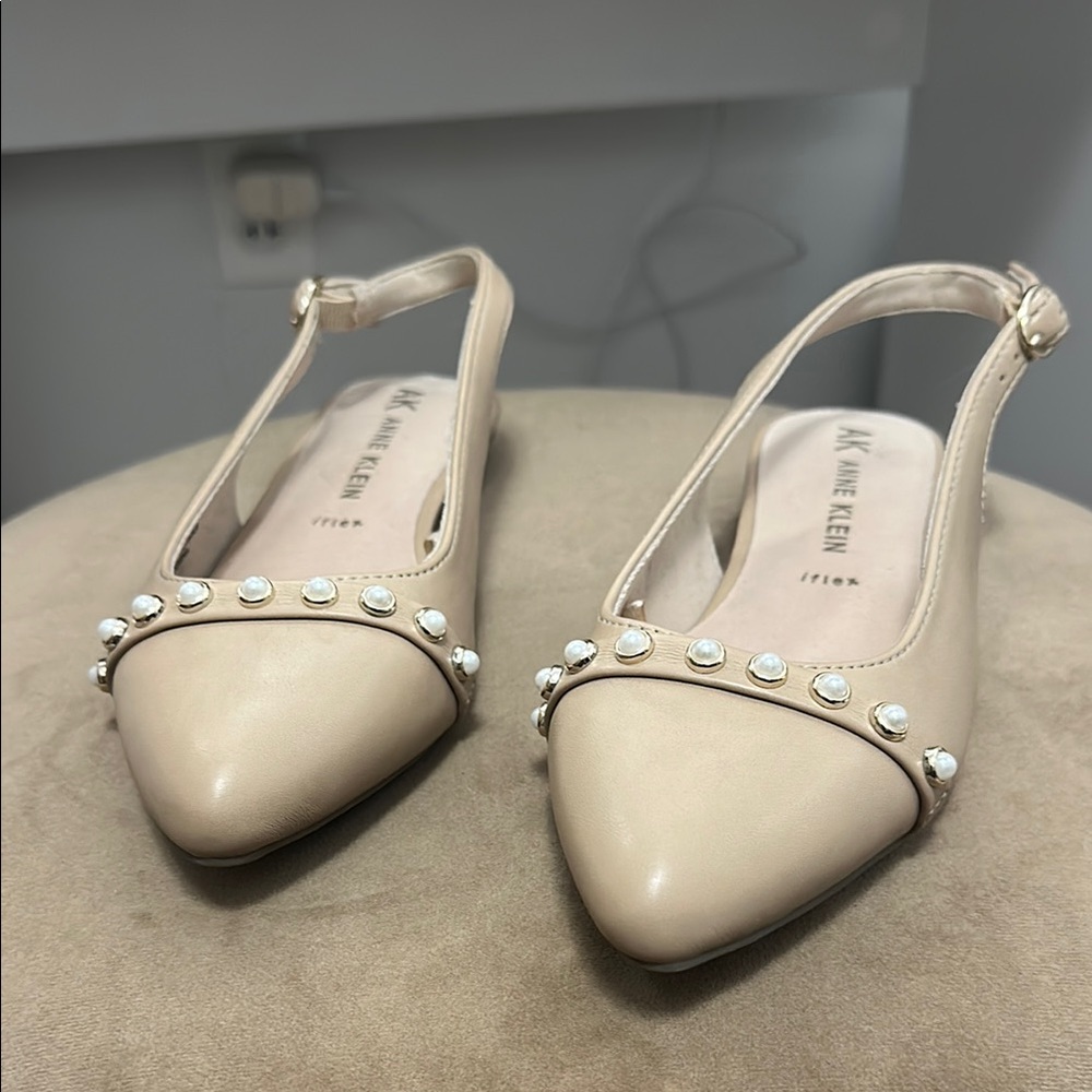 Anne Klein Beige Pearl-Embellished Flats